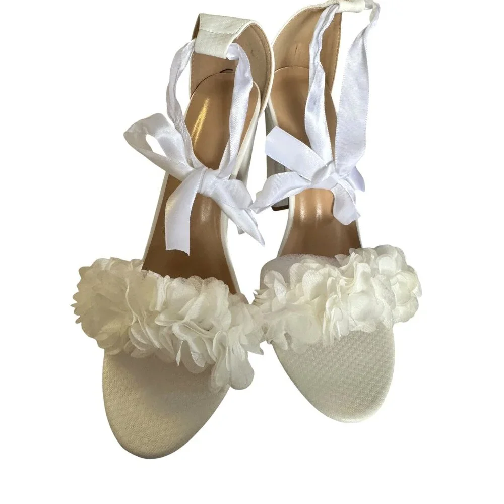 Bride Wedding‎ Block Heel Sandals With Pearl & Ribbon Details Size EU 41 NWB